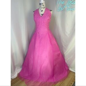 Mori Lee by Madeline Gardner Pink Halter Ball Gown w/ Clear AB Beads & Sequins